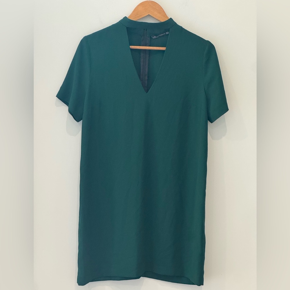 Zara Womens M Choker V Neck Plunge Shift Mini Dress Forest Green Boho Short Fun - Picture 3 of 14